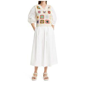 Sea NY Gabriela Crochet Vest Maxi Dress Womens Small White V-Neck 3/4 Sleeve